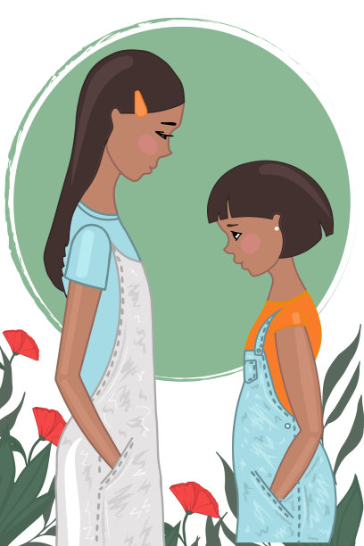 一个十几岁的少年和一个小女孩在一个圆圈和花朵形成鲜明对比的背景下看着对方。矢量插图。图片下载