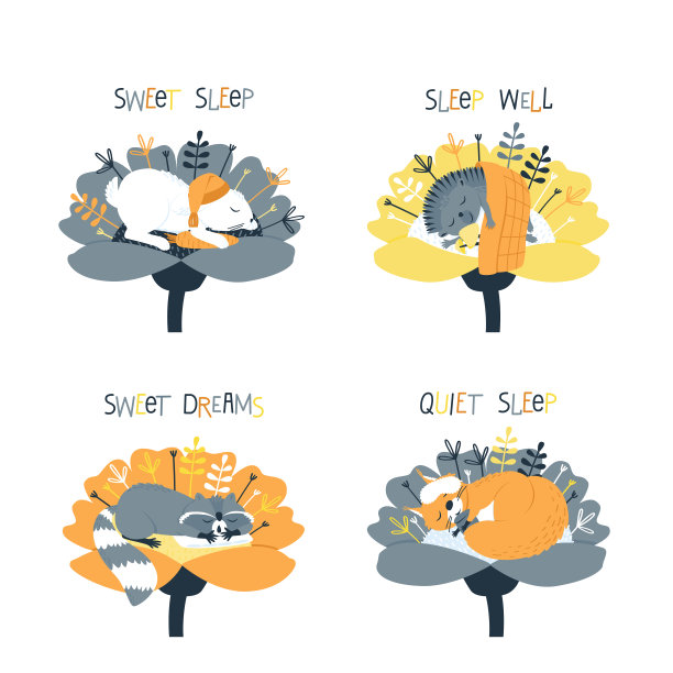 一组可爱的动物在花里面睡觉图片下载