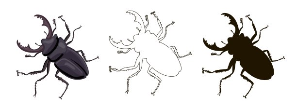 三种昆虫，鹿甲虫。牡鹿甲虫以卡通风格、黑色剪影和轮廓风格绘制。图片下载