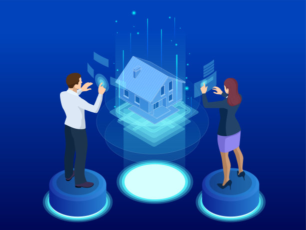 等距房屋建筑项目。虚拟互动界面。工程师在房子的建筑设计中使用虚拟界面增强现实。图片下载