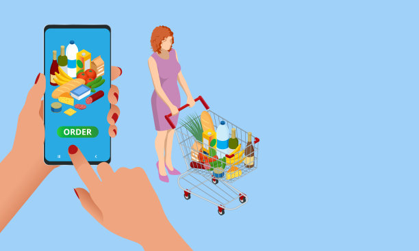 等距杂货店，网上市场，送货上门。网上购物。坐在家里通过智能手机购买新鲜蔬菜、水果、牛奶、面包、香肠。图片下载