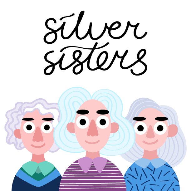 银姐妹字母和三个快乐的女孩与银发矢量插图图片下载