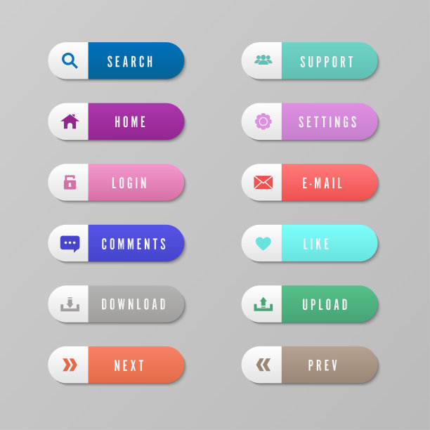 向量设置梯度按钮web图标-搜索，主页，登录，评论，下载，下一步，支持，电子邮件，喜欢，上传，前置。图片下载