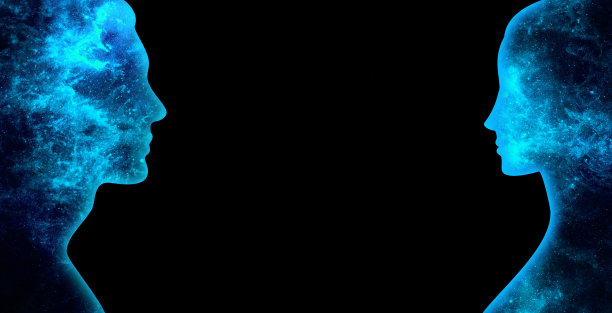 宇宙中闪耀着蓝色的星星，形状像一个女人和一个男人，背景是黑色的图片下载