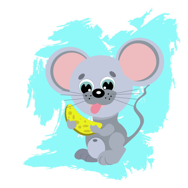 一只可爱的灰色小老鼠幼崽爪子里拿着一块黄色的奶酪图片下载