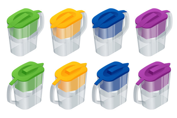 等距蓝色水过滤壶与滤筒隔离在白色背景。家用水过滤壶，是一种用于清洁饮用水内部的过滤元件图片下载