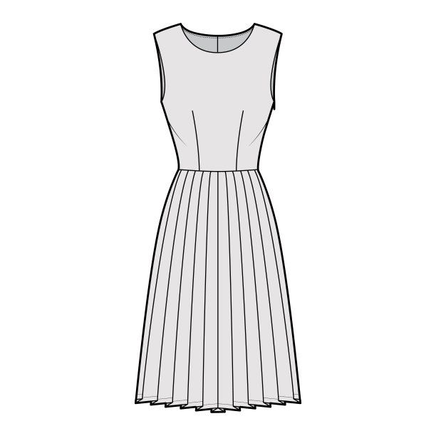 连衣裙打褶的技术时尚插图与无袖，合身的身体，及膝裙。平服装方面图片下载