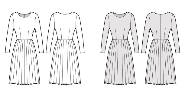 连衣裙打褶的技术时尚插图与长袖，合身的身体，及膝长裙。平服装方面图片下载