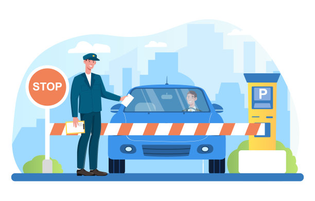 男服务员手拿停车标志站在门口检查车辆图片下载