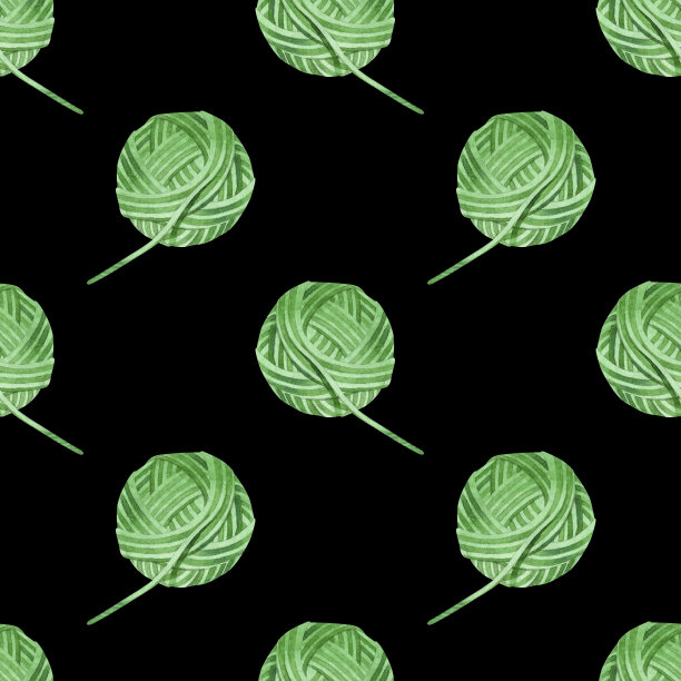 图案与绿色球线。主题是编织和钩编的爱好。水彩手绘插图上的黑色背景。为手工工匠，为编织者的博客设计。图片下载