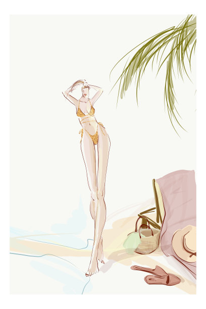 沙滩上穿着比基尼的年轻女子。图片下载