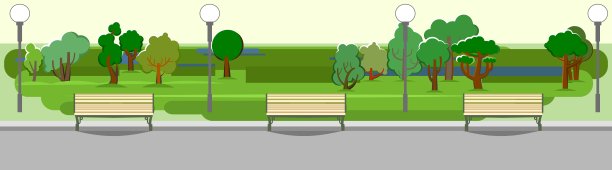 城市公园地区。树木，灌木和灯笼。美丽的夏季景观在含蓄的颜色。一个放松、散步和约会的地方。漂亮的背景图片。草坪。向量。图片下载