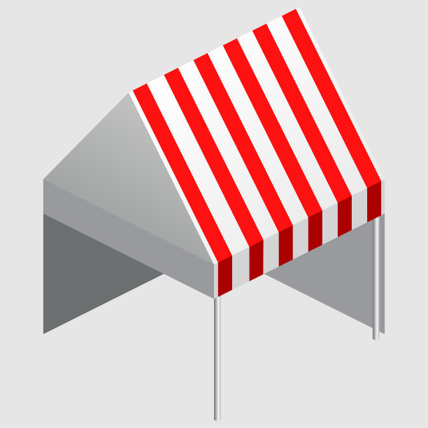 等距市场摊位，帐篷。街头遮阳篷亭、柜台、红白串供集市、街头食品、市场、杂货。向量孤立图片下载