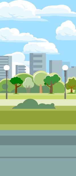 公园区域以城市为背景。树木和灯笼。美丽的夏天的城市。一个放松、散步和约会的地方。美丽的图片。草坪。向量图片下载