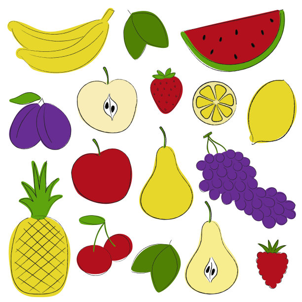 五颜六色的水果。新鲜的素食厨房。手绘苹果、柠檬、草莓、菠萝、西瓜、樱桃、李子、葡萄、香蕉图片下载