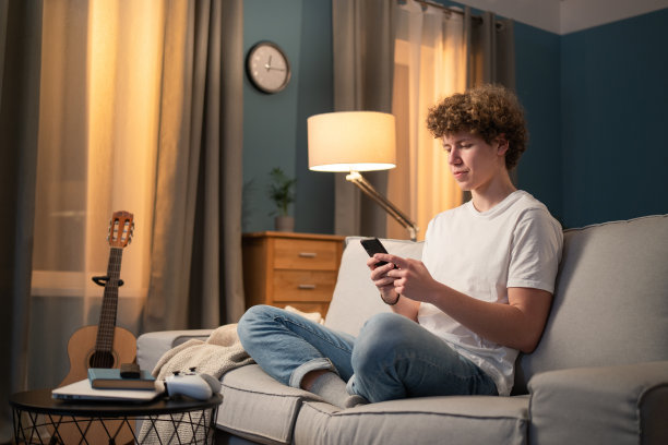一个无聊的小男孩，十几岁的少年，学生，学生，晚上在沙发上放松他的手机，手里拿着智能手机。这个小男孩给朋友发信息，浏览社交媒体图片下载