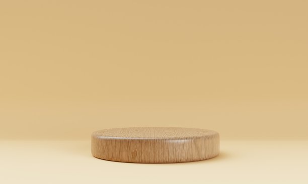一个棕色的木制圆形圆筒产品舞台讲台上的橙色背景。最小的时尚主题。几何展览舞台模型概念。3 d演示呈现图片下载