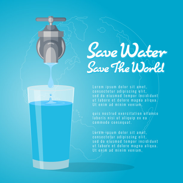 节约用水拯救世界，水龙头或水龙头用一滴水来浇灌玻璃的水矢量设计图片下载