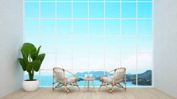 居住区域与设计艺术品酒店或公寓海景- 3D渲染图片下载