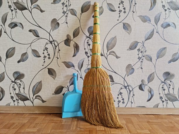 扫帚和铲子特写。房间里有一把带扫帚的铁锹。图片下载