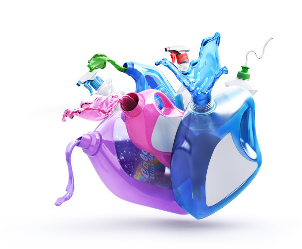 不同的瓶子与倒洗洁精在一个白色的背景。三维演示图片下载