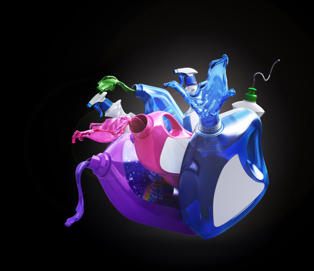 不同的瓶子与倒洗洁精在黑色的背景。三维演示图片下载