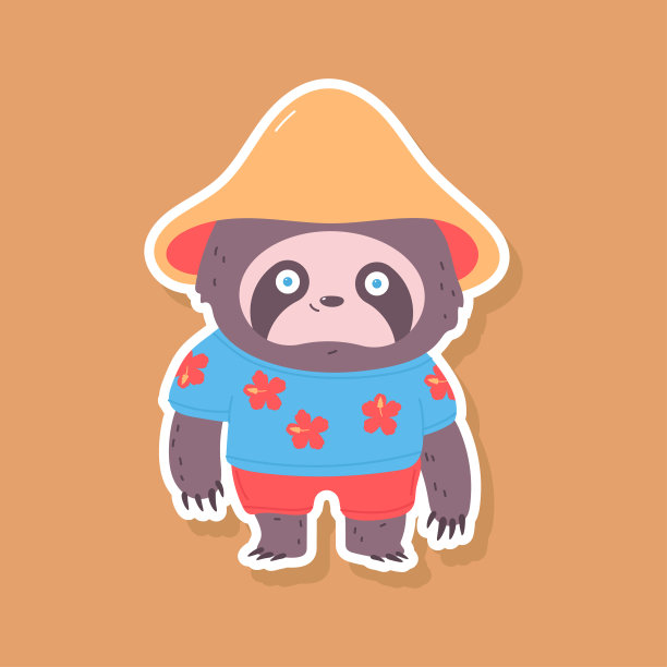可爱的树懒在夏威夷衬衫和短裤矢量贴纸插图孤立的背景。图片下载