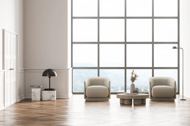 客厅室内设计。现代时尚的家居区。橡木镶花地板。全景窗附近的扶手椅。白色的木门。图片下载