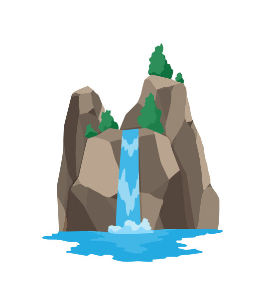 卡通河流瀑布景观与山脉图片下载