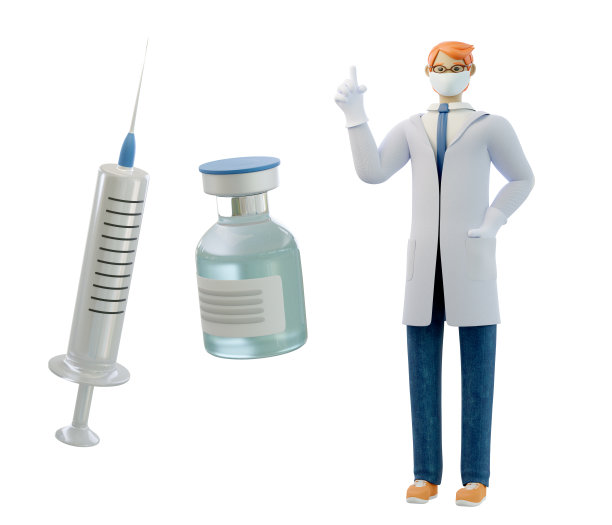 3d卡通人物医生指着注射器和疫苗图片下载