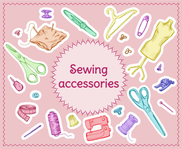 缝纫工具彩色素描套装图片下载