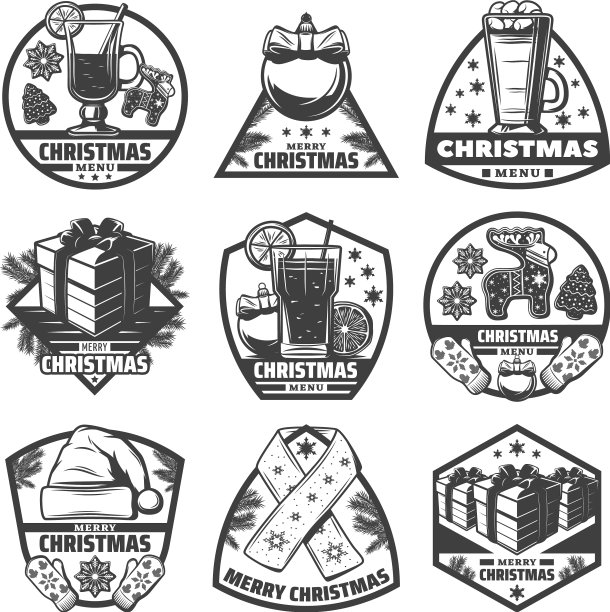 复古单色圣诞菜单标签集图片下载
