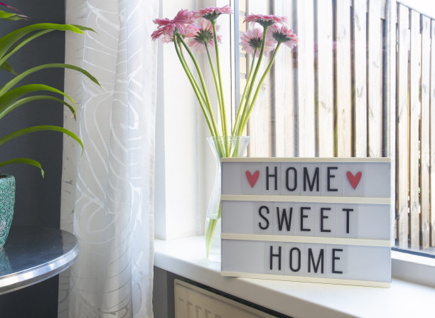 在灯箱上标识家温馨的家文字，窗台靠近窗户用粉红色的花，装饰框架现代的室内背景，时尚的房子舒适的角落在可爱的客厅图片下载