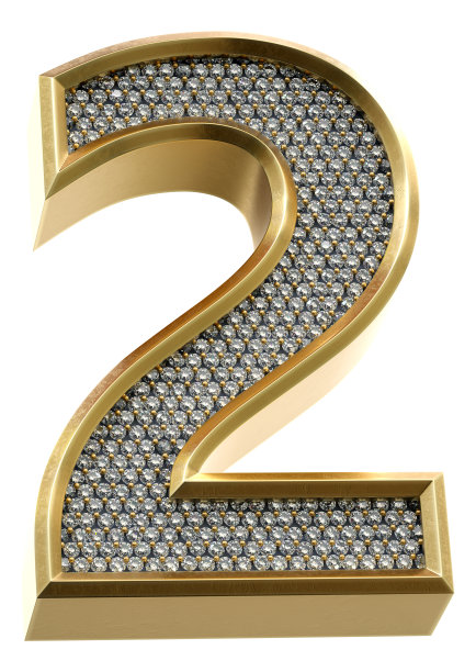奢华的金色字母与钻石。2号在白色背景上被隔离。3 d渲染图像。图片下载