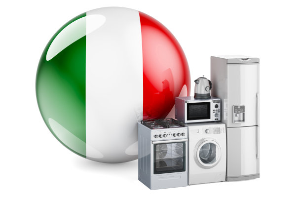 厨房和家用电器的意大利国旗。生产、采购、配送意大利家电的概念。3D渲染孤立的白色背景图片下载