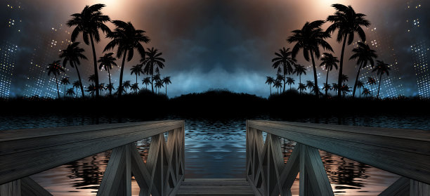 晚霞海景，海边木栈桥。傍晚的海滩上有棕榈树，海滩派对。未来的夜景，梦幻。霓虹日落，阳光，霓虹灯光，水中的霓虹反射。3 d渲染。图片下载