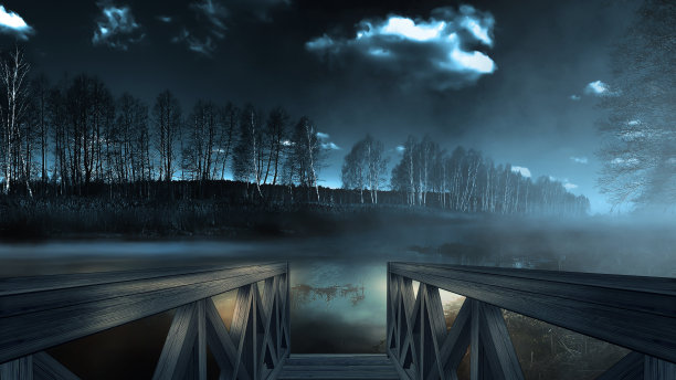 晚霞海景，海边木栈桥。傍晚的海滩上有棕榈树，海滩派对。未来的夜景，梦幻。霓虹日落，阳光，霓虹灯光，水中的霓虹反射。3 d渲染。图片下载