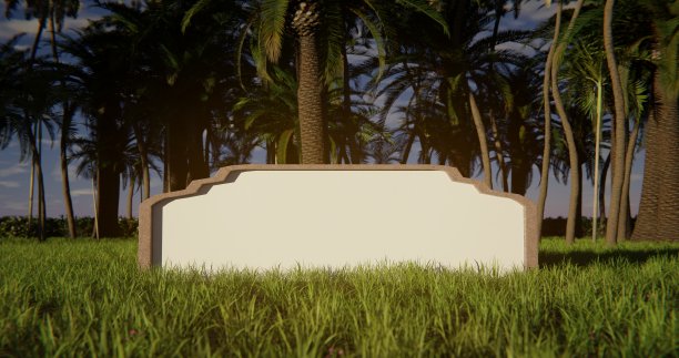 草地上的空白标志，背景是热带树木图片下载