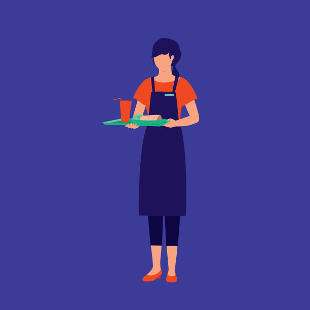 拿着装着食物和饮料的盘子的女服务员。餐饮服务职业概念。矢量插图平面卡通。图片下载