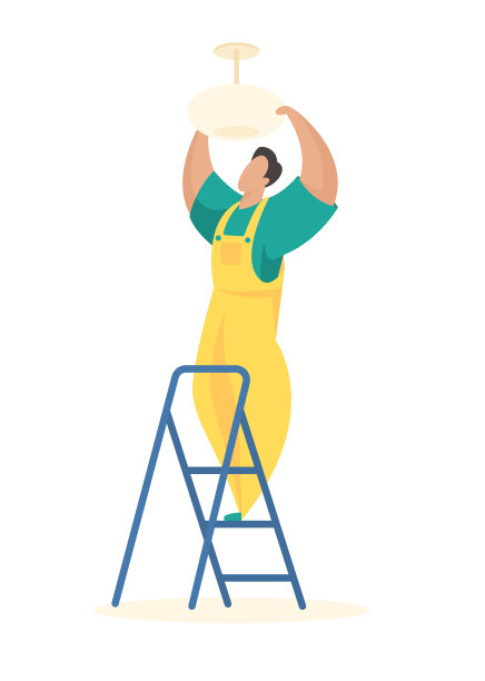 安装灯具和室内遮光罩。穿制服的人把吊灯拧到天花板上图片下载