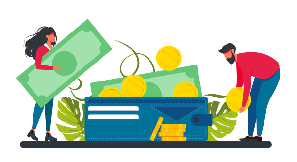 小人物往大钱包里放硬币和纸币矢量素材图片下载