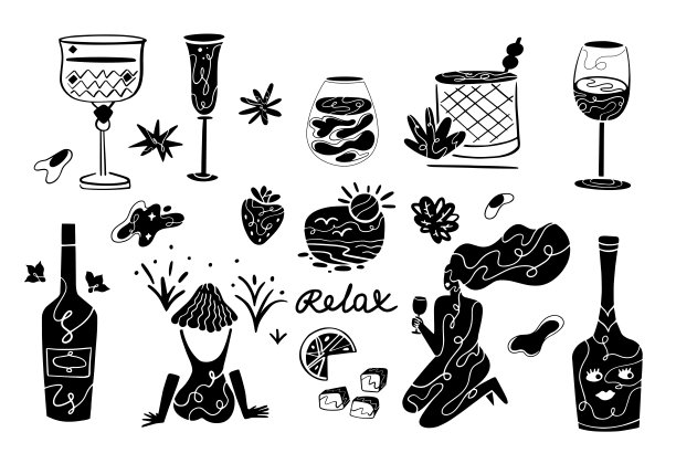 享受鸡尾酒，准备原料。家里有鸡尾酒和酒吧。贴纸设置为网页。涂鸦艺术。准备饮料。夏天的时间。派对女孩放松向量。享用草莓和柠檬。黑色的轮廓图片下载