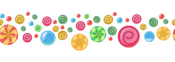 糖果和分散。无缝的。各式各样的甜点点缀。焦糖糖。边境无缝。平坦的背景说明。向量图片下载