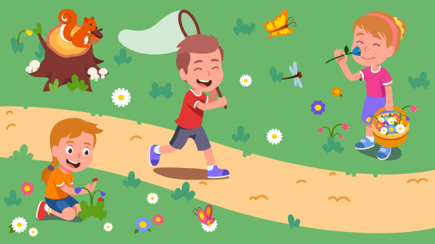 男孩，女孩，孩子们走，跑，摘花，在美丽的夏日草坪上用蝴蝶网捉蝴蝶。快乐的儿童卡通人物享受户外的乡村自然。平面向量插图图片下载
