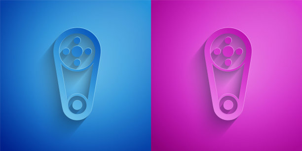 剪纸同步带套件图标孤立在蓝色和紫色的背景。纸艺术风格。向量图片下载