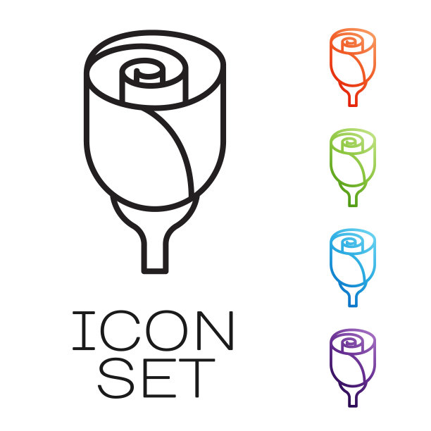 黑色线花玫瑰图标孤立在白色背景。设置图标丰富多彩。向量图片下载