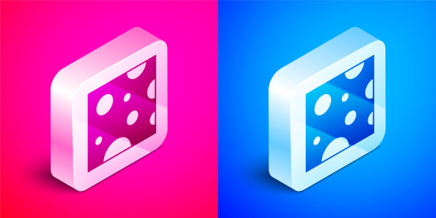 等距奶酪图标孤立在粉红色和蓝色的背景。银广场按钮。向量图片下载