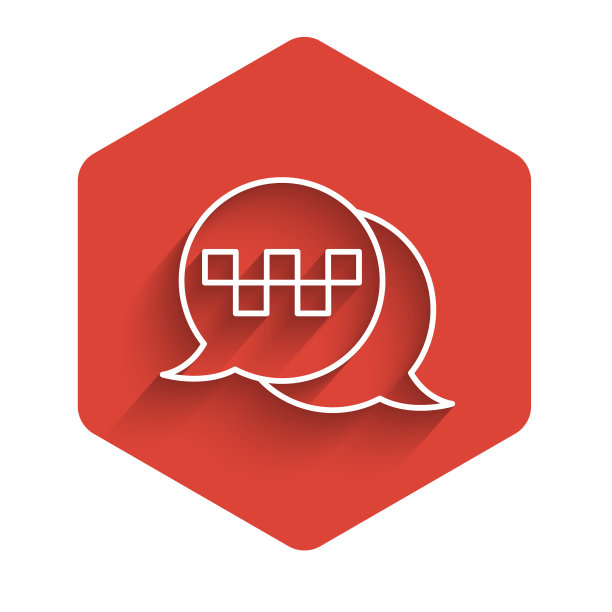 白线出租车呼叫电话服务图标与长影子隔离。演讲泡沫的象征。出租车智能手机。红色的六角按钮。向量图片下载