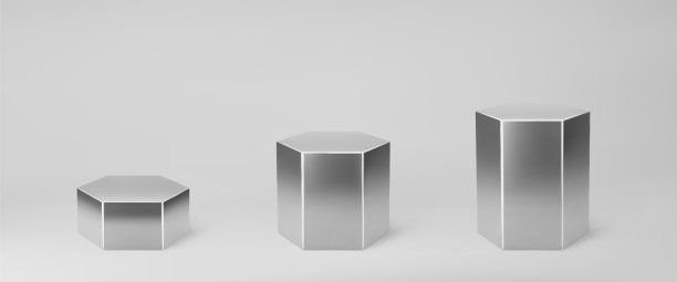 银色3d六边形设置前视图和水平与透视孤立在灰色背景。六角柱，铬钢管，博物馆舞台，底座或产品平台。三维几何形状矢量图片下载