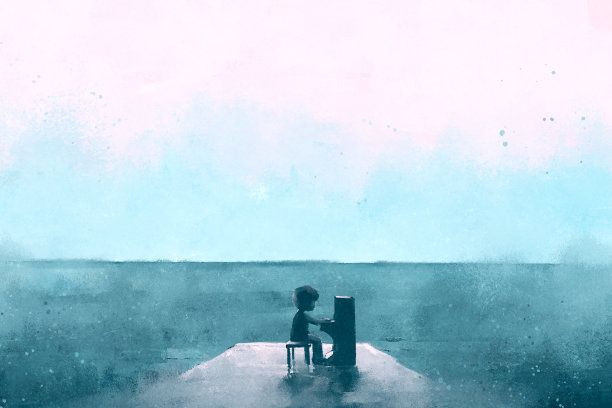 数字水彩插图的男孩弹钢琴在一个木制码头上的海滩。图片下载